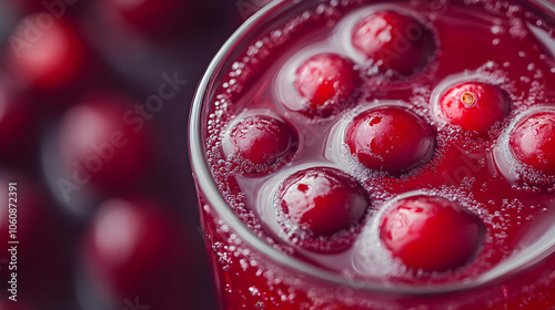 A glass of cranberry juice filled with whole cranberries, ideal for a vibrant and tart refreshment