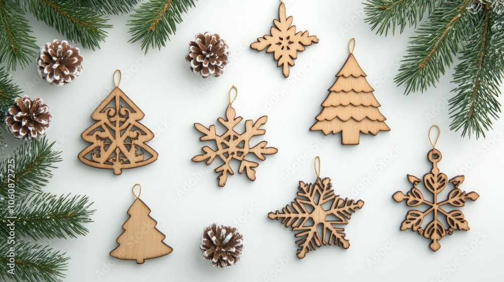 Wooden Christmas Ornaments and Pine Branches on White Background Wooden Christmas Ornaments and Pine Branches on White Background