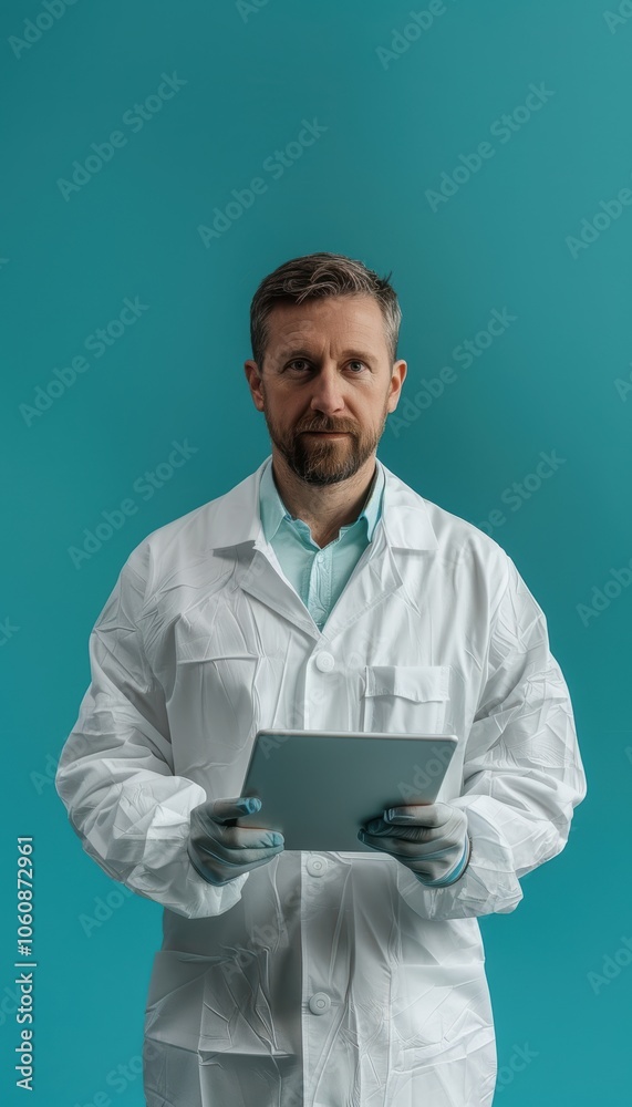 Male Quality Inspector in Lab Coat with Tablet on Blue Background for Professional Design Male Quality Inspector in Lab Coat with Tablet on Blue Background for Professional Design