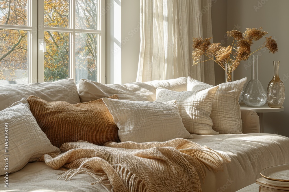 Beige Sofa with Pillows and Blanket in Modern Living Room with Glass Vases on Coffee Table Beige Sofa with Pillows and Blanket in Modern Living Room with Glass Vases on Coffee Table
