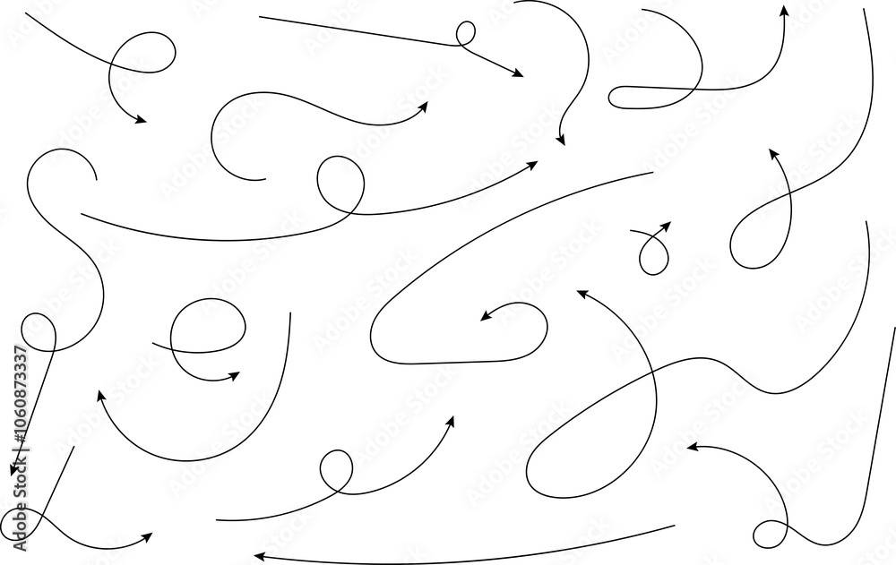 Hand drawn dotted arrows. Handdrawn freehand different curved lines, swirls arrows. Curved arrow line. Doodle, sketch style. Isolated Vector illustration.
