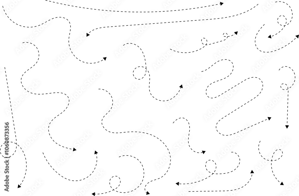 Hand drawn dotted arrows. Handdrawn freehand different curved lines, swirls arrows. Curved arrow line. Doodle, sketch style. Isolated Vector illustration. Hand drawn dotted arrows. Handdrawn freehand different curved lines, swirls arrows. Curved arrow line. Doodle, sketch style. Isolated Vector illustration.