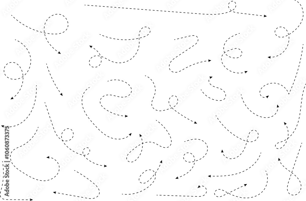 Hand drawn dotted arrows. Handdrawn freehand different curved lines, swirls arrows. Curved arrow line. Doodle, sketch style. Isolated Vector illustration. Hand drawn dotted arrows. Handdrawn freehand different curved lines, swirls arrows. Curved arrow line. Doodle, sketch style. Isolated Vector illustration.