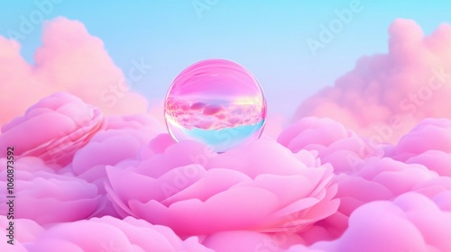 A crystal sphere rests atop soft pink clouds, reflecting a pastel sky, creating a whimsical and serene scene filled with dreamlike beauty.