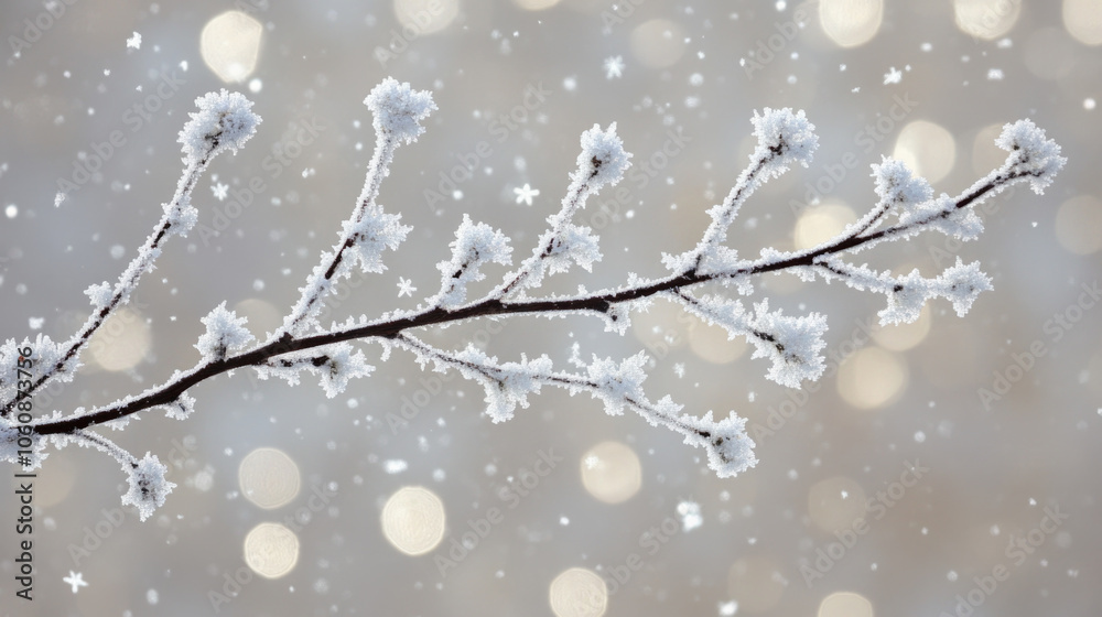 Frost-covered branch in winter with snowflakes gently falling against a bokeh background Frost-covered branch in winter with snowflakes gently falling against a bokeh background