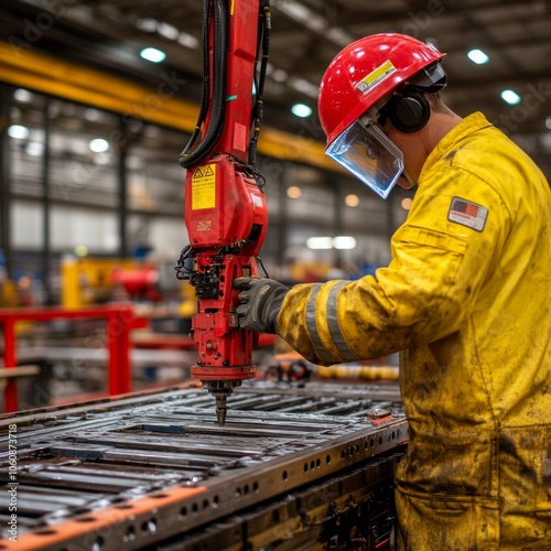 A worker in a yellow jumpsuit and safety gear operates a red robotic arm in a factory. photo