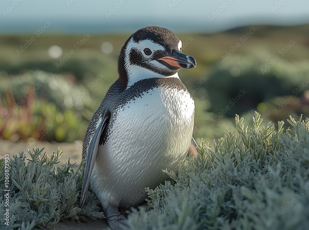 Naklejka premium Explore the charm of the Magellanic Penguin with this captivating photo, capturing its unique markings and playful nature. Ideal for prints, posters, and unique merchandise.