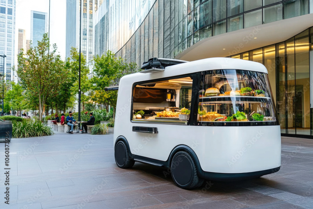 Fototapeta premium Modern autonomous food truck in urban setting surrounded by skyscrapers