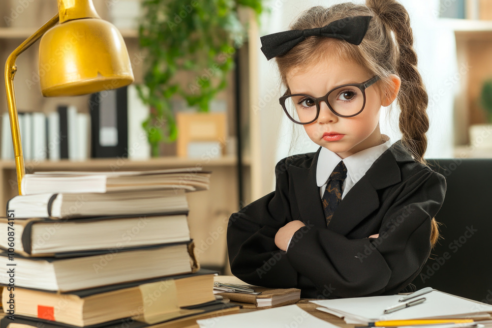 Adorable young girl in business attire sitting at desk with books and lamp Adorable young girl in business attire sitting at desk with books and lamp