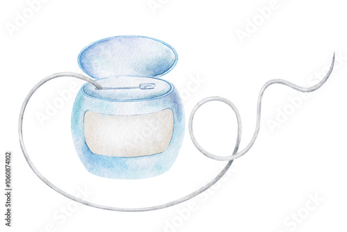 Dental floss. Teeth floss in blue case for oral hygiene and dental care. Isolated hand drawn watercolor kids illustration. Product for daily oral care. Clipart for Dental Clinic, pediatric dentistry