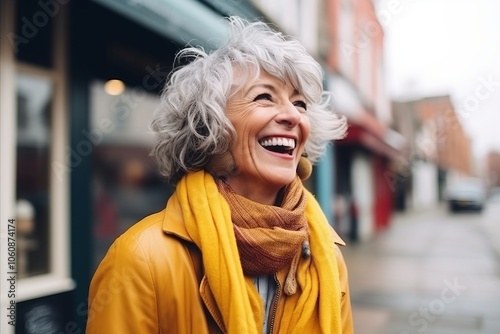 Portrait of happy senior woman walking in the city street and laughing