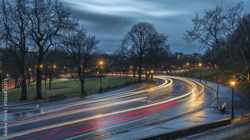 The outskirts of the park are lit up by a beautiful display of car light trails adding a touch of magic to the already stunning scenery. The outskirts of the park are lit up by a beautiful display of car light trails adding a touch of magic to the already stunning scenery.