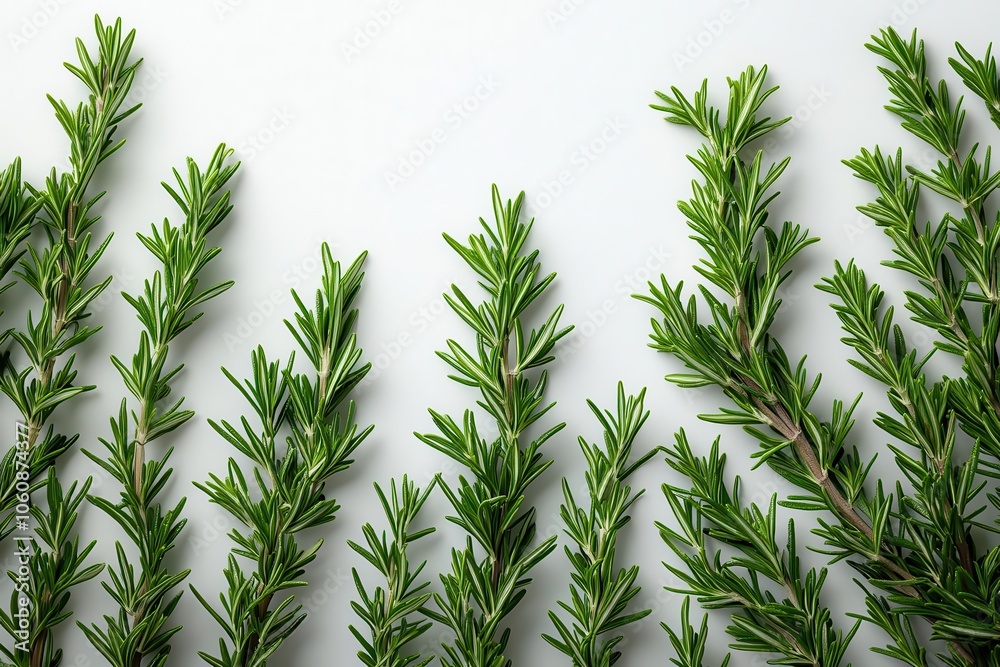 Obraz premium fresh rosemary sprigs isolated against a pure white background highlighting the aromatic herbs vibrant green color and texture for culinary or botanical presentations