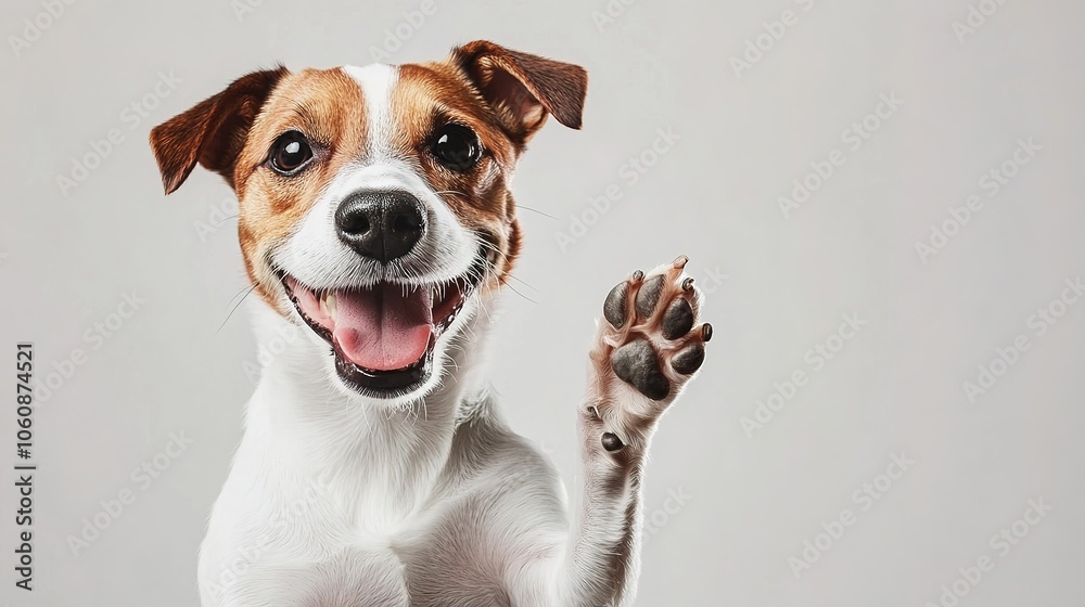 A playful dog extending its paw for a high five, radiating happiness and excitement, placed in the center of a white background, offering an ideal area for captions or messages A playful dog extending its paw for a high five, radiating happiness and excitement, placed in the center of a white background, offering an ideal area for captions or messages