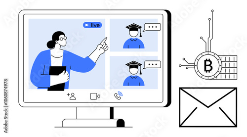Teacher instructing graduates via a video call on a computer screen. Ideal for online education, video conferencing, e-learning, digital communication, virtual learning events, cryptocurrency