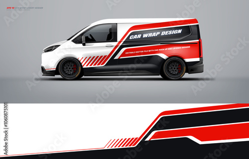 Sporty van wrap livery design for universal medium, Abstract racing graphics with red black and white colors. van vector eps10 ready print printable file