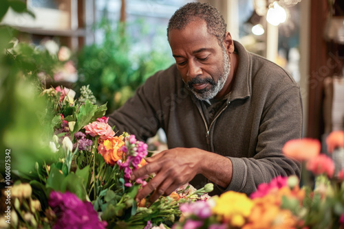 Florist arranging vibrant spring flowers in a shop setting photo