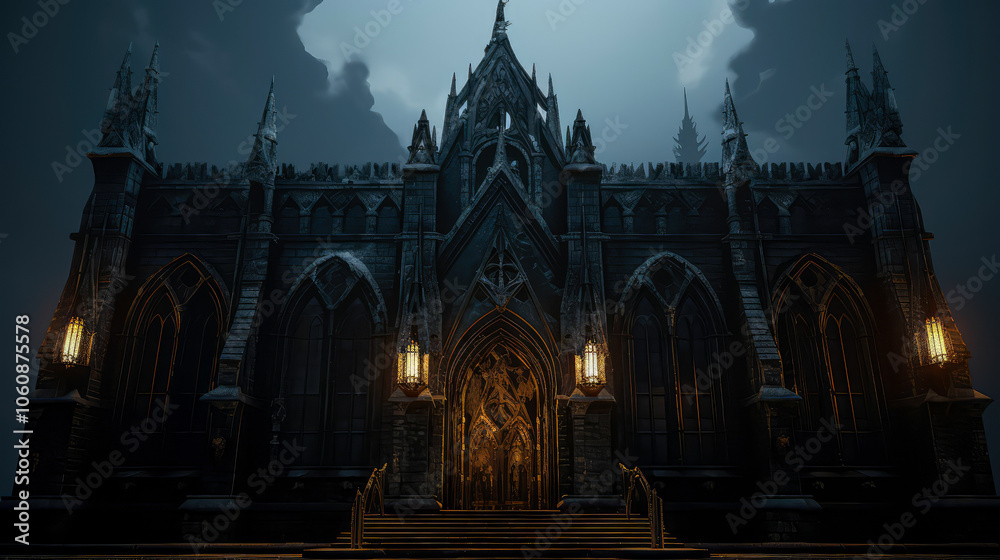 Gothic Architectural: Exploring the Intricacies of a Timeless Building in dark background. Halloween concept Gothic Architectural: Exploring the Intricacies of a Timeless Building in dark background. Halloween concept