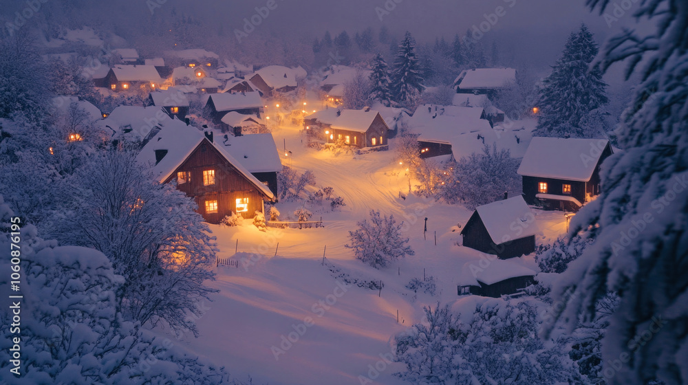 Cozy snowy village at night with warm glowing lights amidst winter wonderland Cozy snowy village at night with warm glowing lights amidst winter wonderland