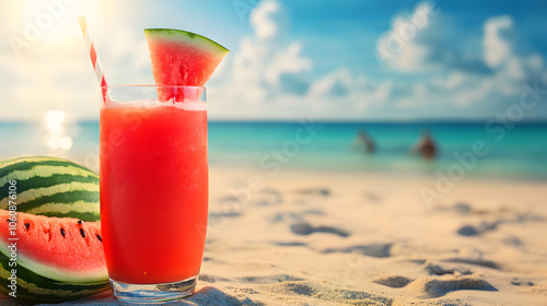 A bright red watermelon smoothie with a beach view, perfect for a refreshing summer treat by the ocean