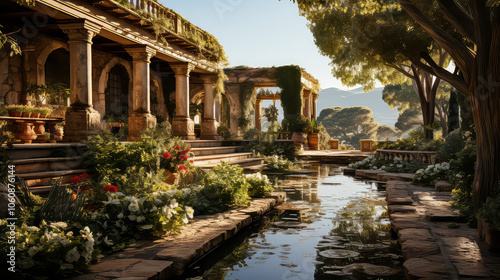 3D render Roman style, Home and Garden background Elegance, Creating antique design of Outdoor Spaces architecture decorate vintage concept