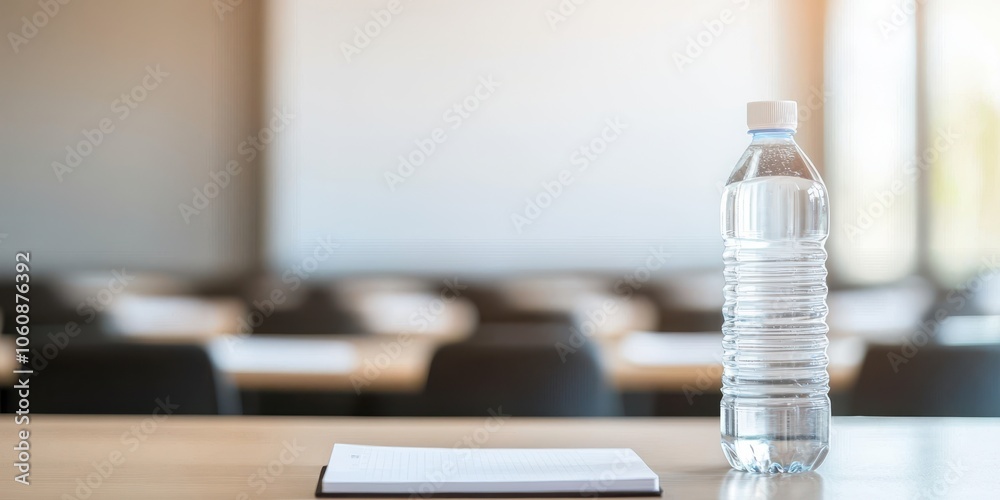 Bottle of water on a table in a classroom setting, blurred background. Bottle of water on a table in a classroom setting, blurred background.