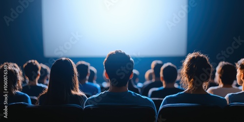 Audience watching a movie in a dark cinema with a bright screen.