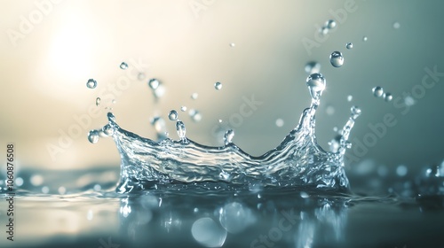 Water drops splashing onto a glass surface with light reflections