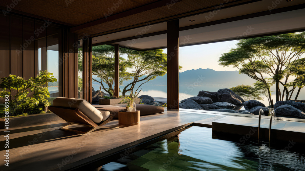 Fototapeta premium 3D render interior design concept, Tranquil Japanese Resort by the Lake Natural background: A Serene Retreat and Relax with private Onsen space. travel and vacation background