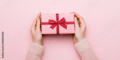Hands holding a pink gift box with a red ribbon on a pink background.