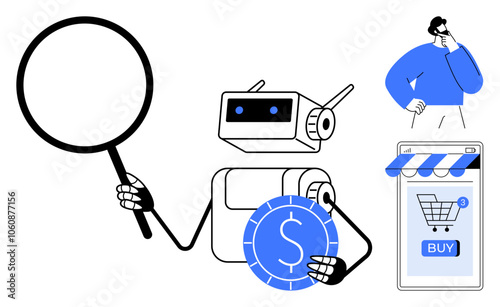 Robot holding a magnifying glass and a coin stands in front of an online shopping cart with a buy button. Ideal for e-commerce, technology, AI, shopping, and search themes. Simple, modern, futuristic