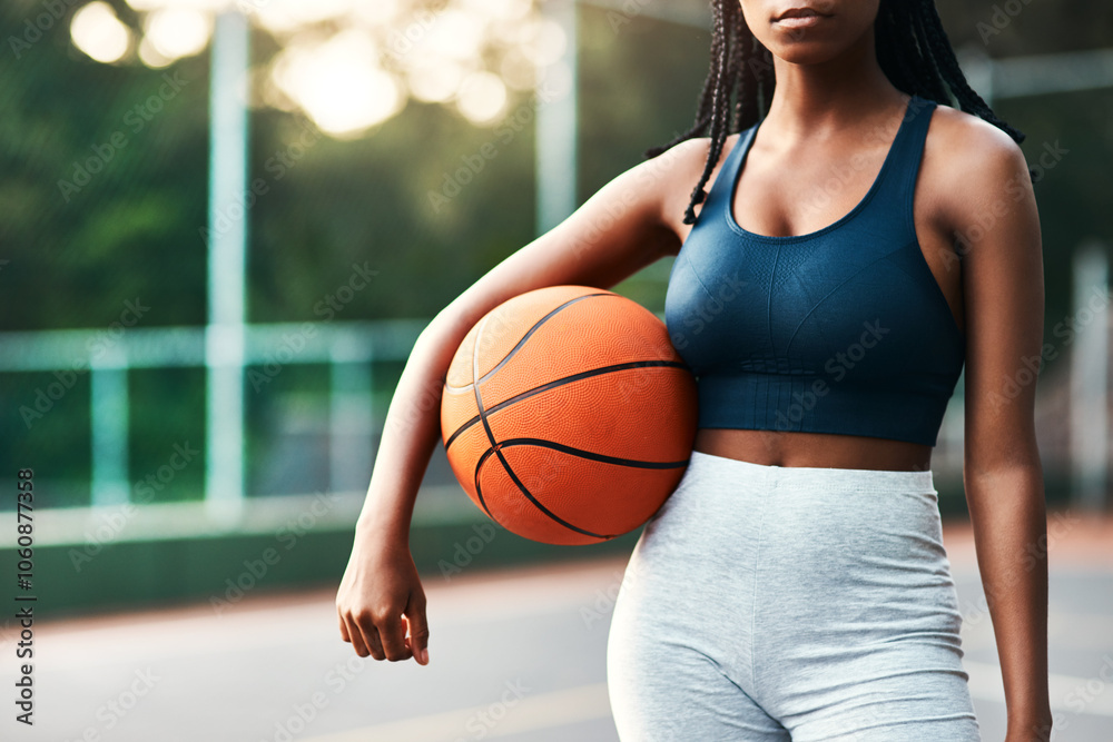 Woman, body and basketball for workout, training and outdoor exercise or hobby on court. Confident athlete, person and fitness for goals, sport game and summer match for endurance or cardio health Woman, body and basketball for workout, training and outdoor exercise or hobby on court. Confident athlete, person and fitness for goals, sport game and summer match for endurance or cardio health