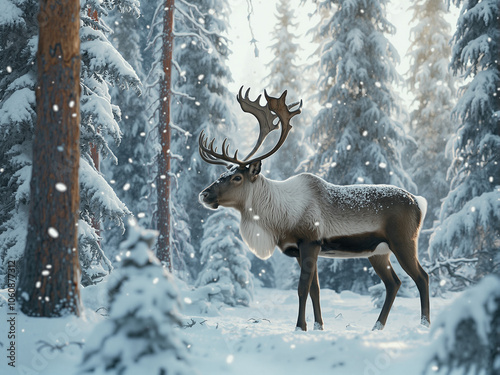 A portrait of a reindeer in the northern snowy forest photo