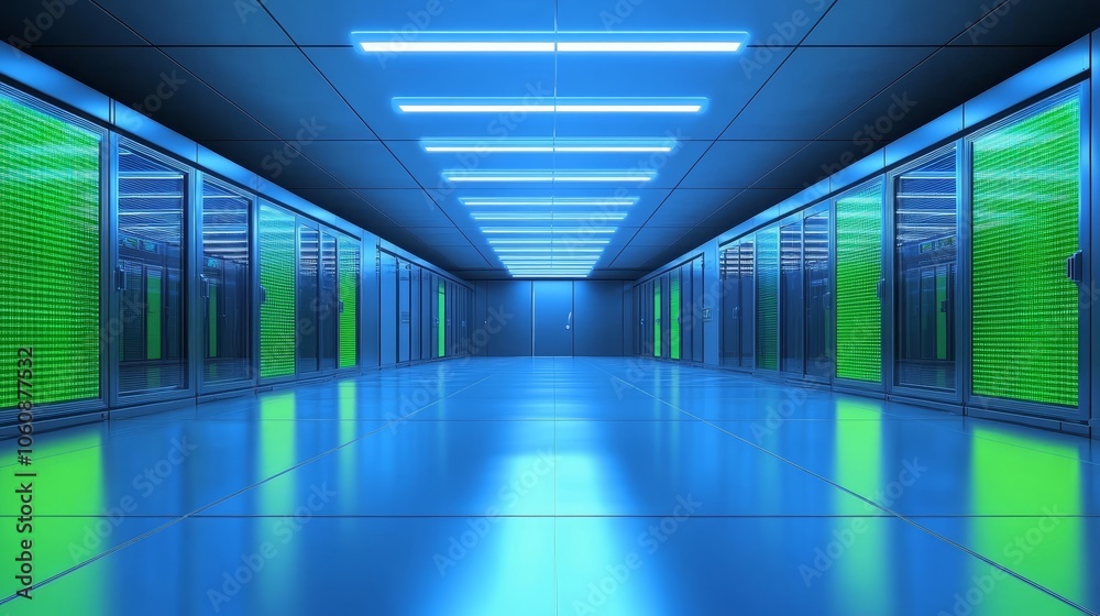 A modern data center featuring blue and green lighting, showcasing server racks in a sleek environment. A modern data center featuring blue and green lighting, showcasing server racks in a sleek environment.