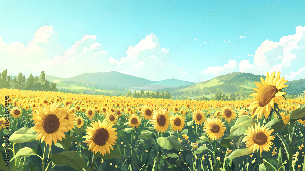 Obraz premium A vibrant sunflower field with a clear blue sky and a gentle breeze, illustration background. Sunflower Field. Illustration