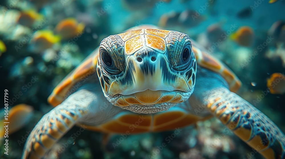 Fototapeta premium A sea turtle swims through the coral reef, with the ocean current carrying it forward. It stares directly at the camera as it swims through the turquoise water.