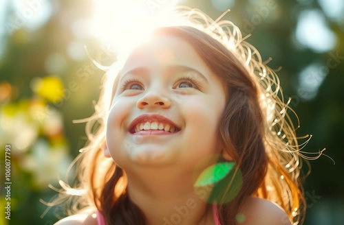 soft color, beautiful cheerful children sun illuminating its face, summer background