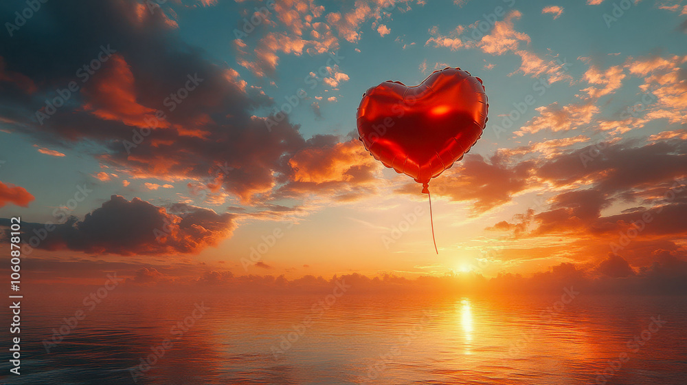Fototapeta premium Red heart balloon floating in a field against a bright sky