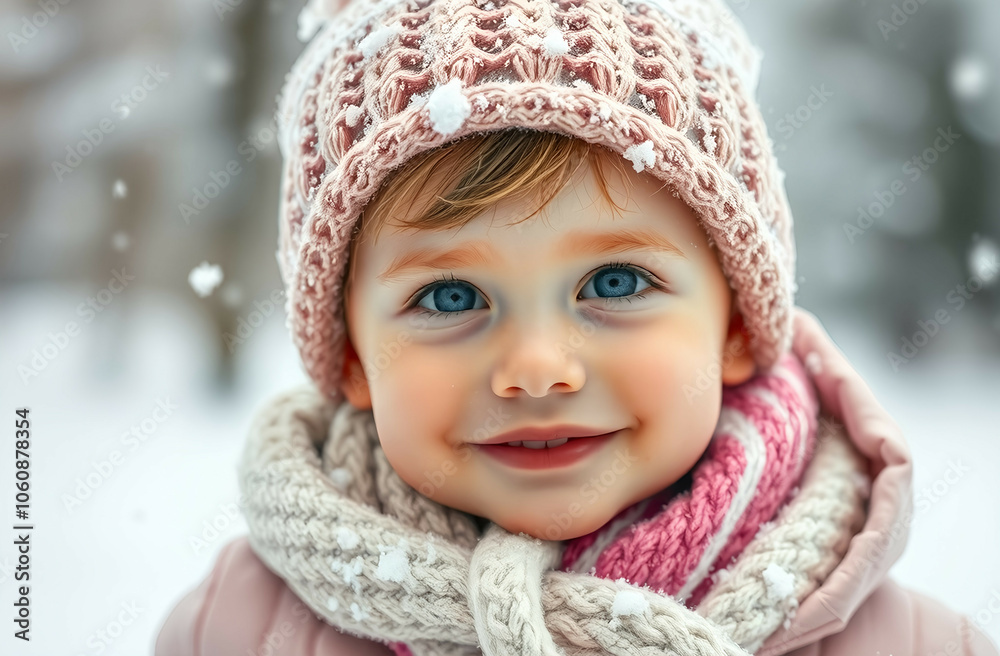 soft color, beautiful child, snow falling over its face, winter background soft color, beautiful child, snow falling over its face, winter background