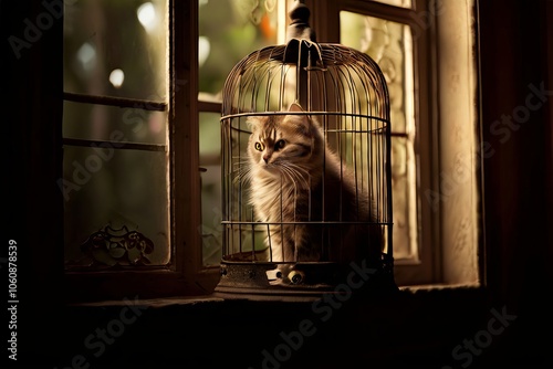 cat in a birdcage open door a cat sitting inside an open birdcag photo