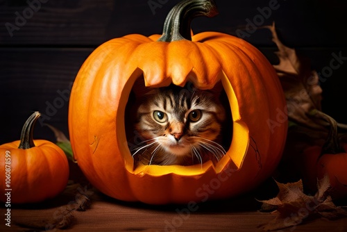 cat inside a pumpkin a cat poking its head out of a carved pumpk photo