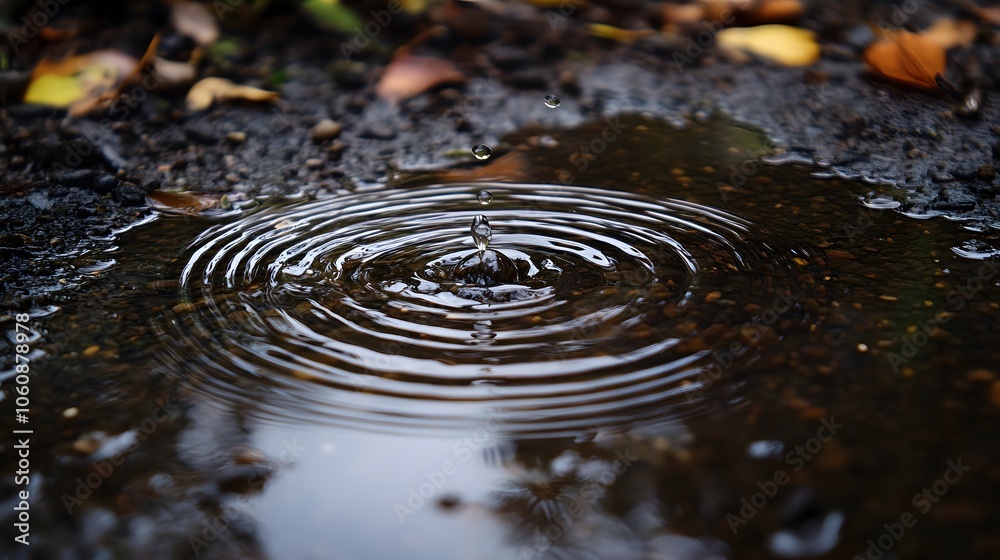 Water drops landing in a puddle creating a ripple effect Water drops landing in a puddle creating a ripple effect