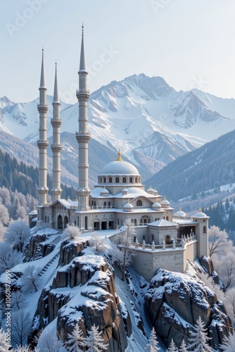 Elegant white mosque with multiple minarets set against a snowy mountain backdrop
 photo