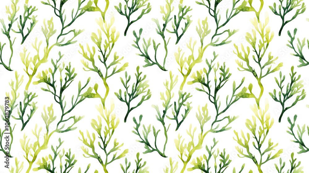 Seamless pattern featuring delicate green algae in a vibrant watercolor illustration on a clean white background Seamless pattern featuring delicate green algae in a vibrant watercolor illustration on a clean white background