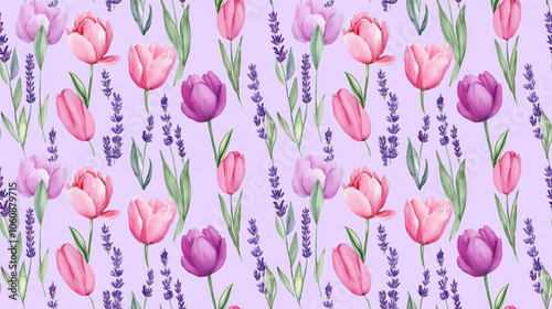 Seamless watercolor floral pattern featuring meadow flowers like tulips peonies and lavender perfect for creative prints and textile design
