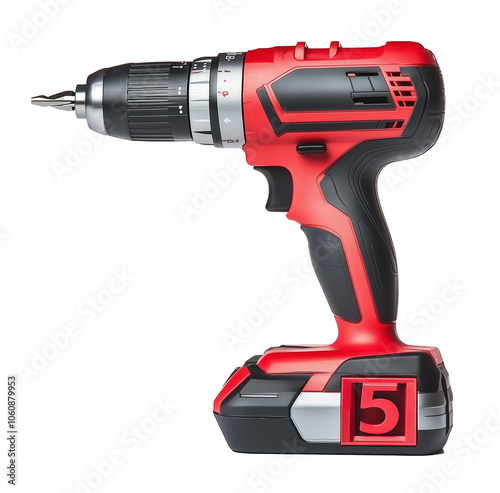 Cordless drill isolated on white background. New red cordless screwdriver with drill bit inserted, side view. Cordless power tool for drilling on a isolated transparent background