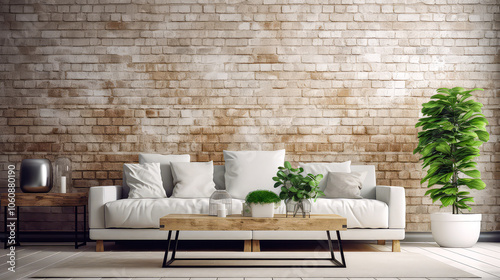 3D render Artistic Interiors- Enhancing Spaces with Mock-Up Posters, Brick Textures, and Relaxation with Sofa Designs