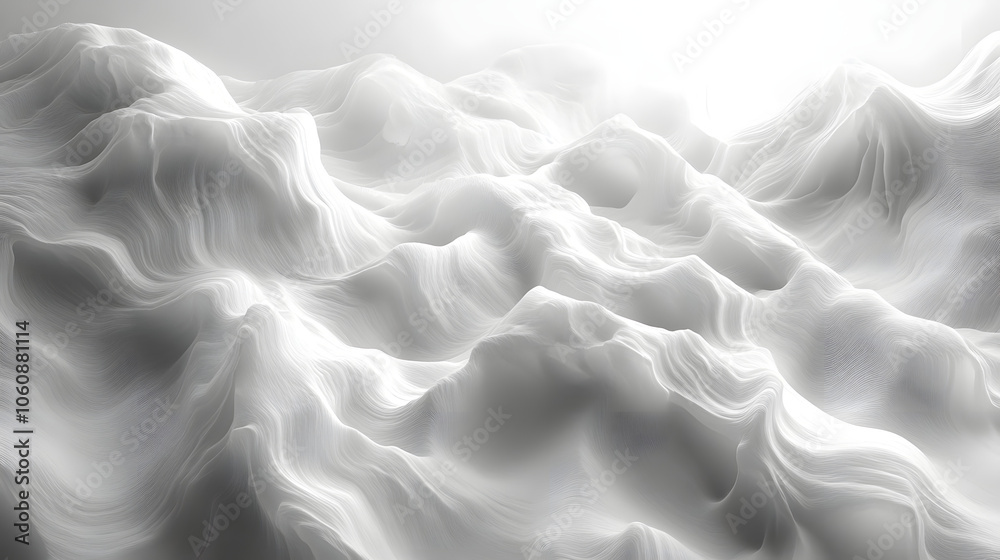 Obraz premium Abstract White Flowing Mountainous Landscape with Smooth Curves and Textured Layers in a Surreal Minimalist Style