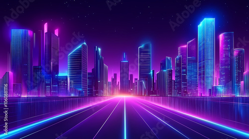 Cyberpunk city with neon lights and futuristic architecture. Neon Blade City. Illustration