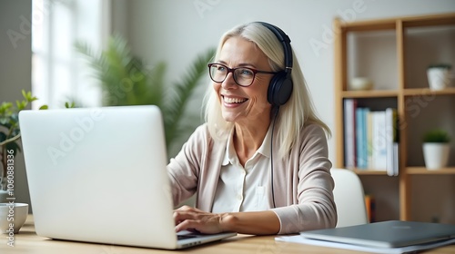 A senior woman enjoying an online learning experience using a laptop and headphones. Bright home office background with minimal decor highlighting her modern education journey.